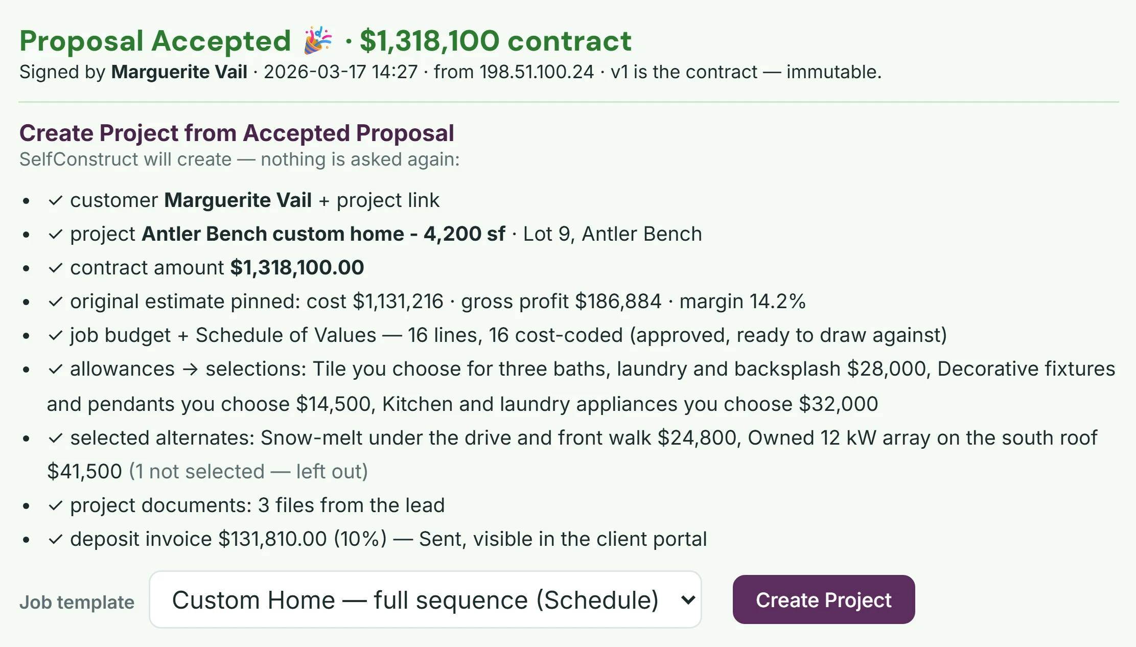 In the SelfConstruct office, the same bid after signing: Proposal Accepted, a $1,318,100 contract signed by Marguerite Vail, v1 is the contract and immutable, and Create Project from Accepted Proposal, listing what it will make: the customer and the project, the contract amount, the original estimate pinned at cost $1,131,216, gross profit $186,884 and margin 14.2%, a job budget and schedule of values of 16 cost-coded lines, the three allowances as selections, the selected alternates, 3 files from the lead and a $131,810 deposit invoice visible in the client portal. On a wide screen it also shows the Custom Home full-sequence job template picked, beside the Create Project button.