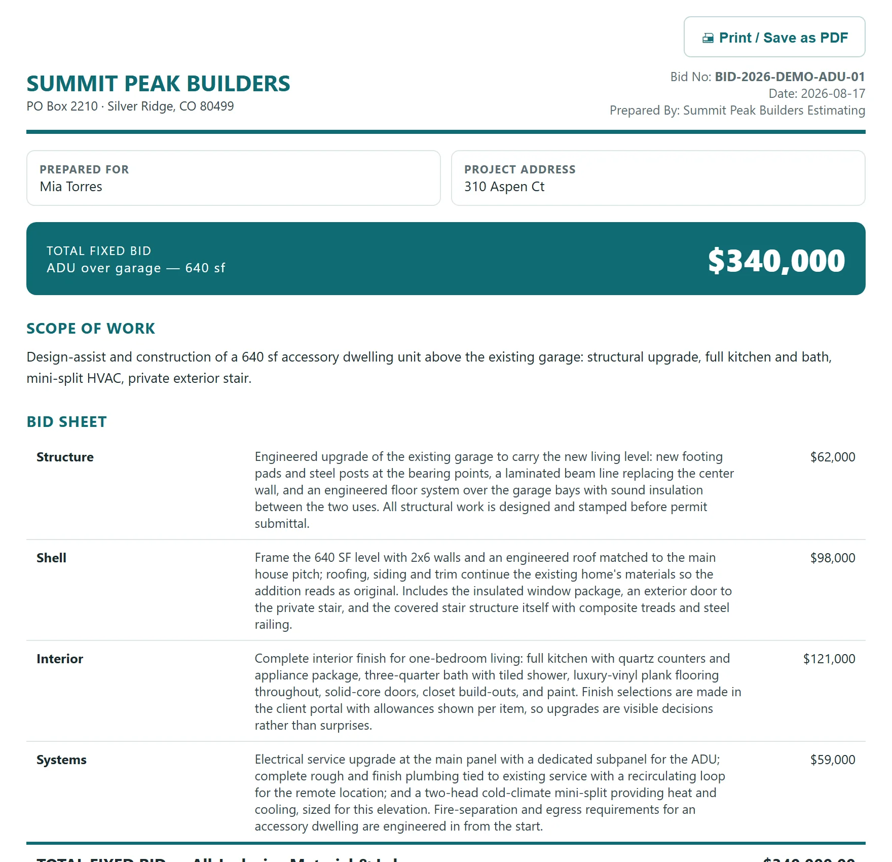 A SelfConstruct client-facing bid: scope of work, narrative bid sheet, unit basis