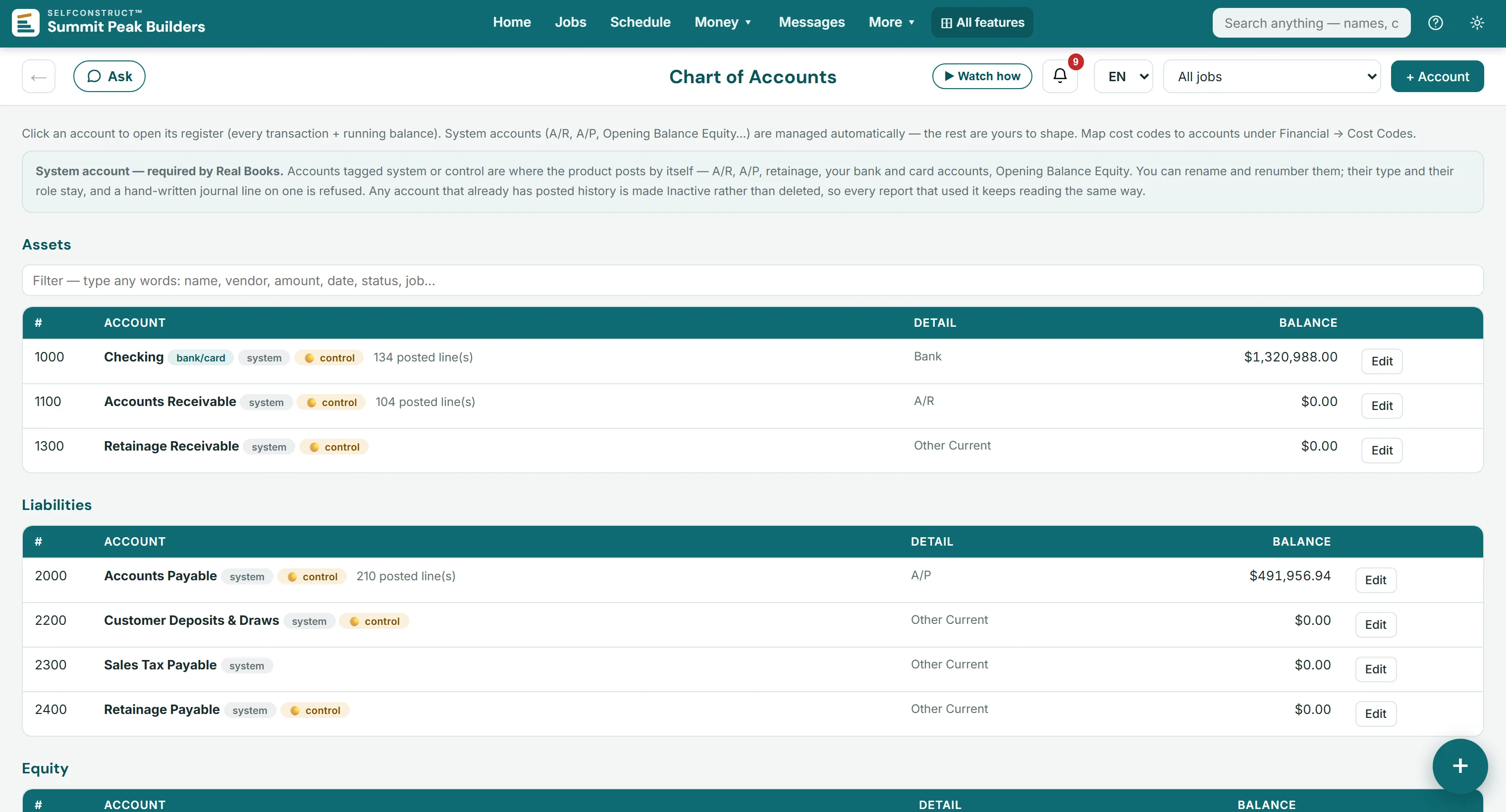 The demo company's chart of accounts: assets including 1000 Checking, 1100 Accounts Receivable and 1300 Retainage Receivable, liabilities including 2000 Accounts Payable and 2400 Retainage Payable, each marked as a system account the product posts to itself; both retainage accounts read $0.00 because the demo company holds no retainage