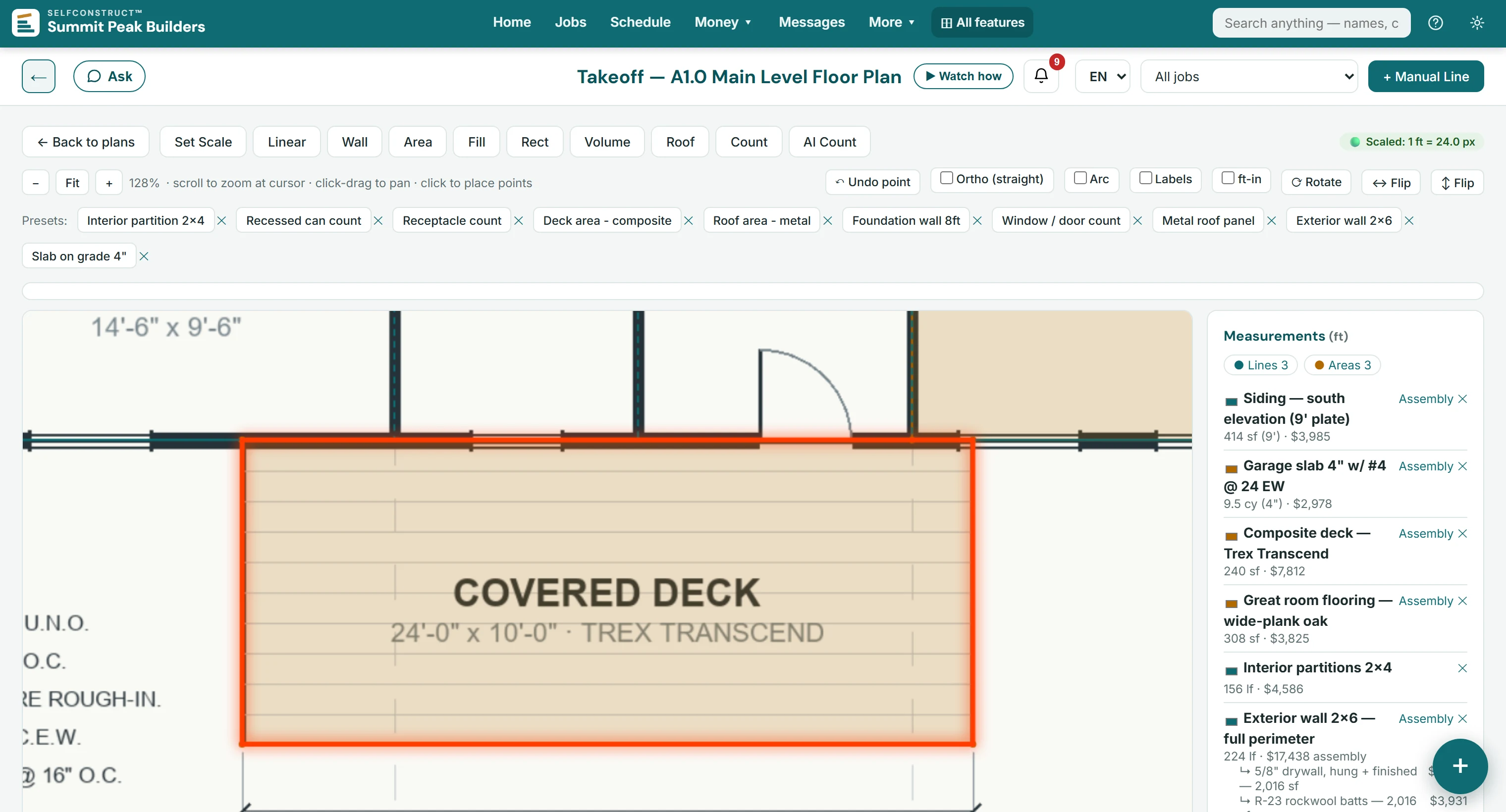 A takeoff on sheet A1.0, the main level floor plan of the demo company's Alpine Ridge Custom Home, zoomed to one measurement: the covered deck, 24 feet by 10 feet, outlined on the plan and measured as 240 square feet of composite decking, priced at $7,812; beside it the measuring tools (linear, wall, area, volume, roof, count), the saved presets, among them a composite deck area, and the sheet's other measurements