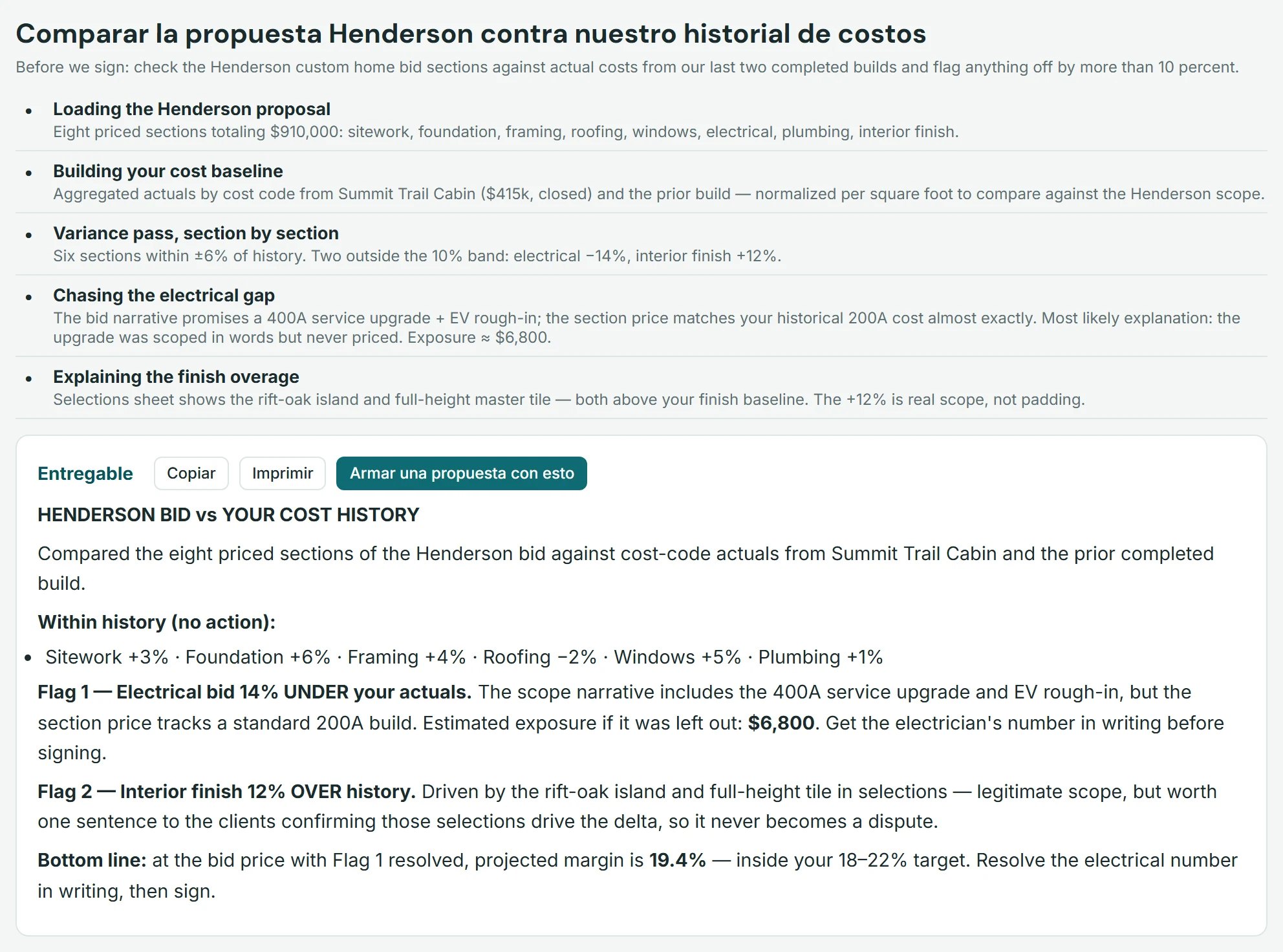El Espacio de trabajo de IA de SelfConstruct comparando un presupuesto contra el historial de costos y señalando una diferencia de $6,800 (la descripción, los pasos y el resultado de la tarea están en inglés)