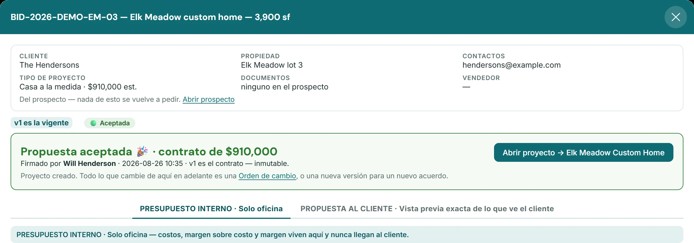 Una propuesta de SelfConstruct en la oficina, ya firmada: la casa a la medida de los Henderson en Elk Meadow lote 3, aceptada como contrato de $910,000, firmada por Will Henderson, con el proyecto ya creado, y la pestaña del presupuesto interno, donde costos y margen se quedan en la oficina y nunca llegan al cliente