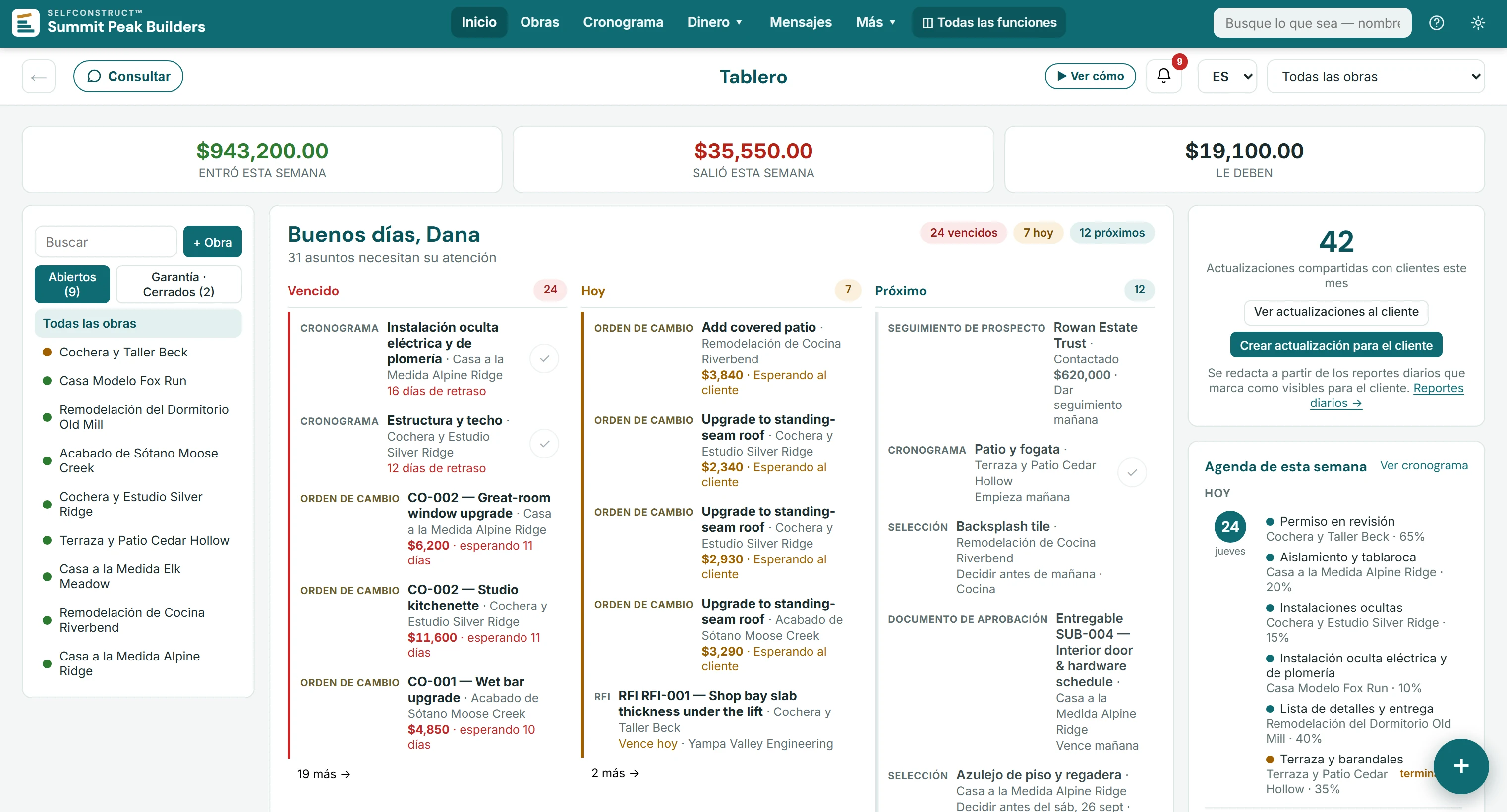 El tablero de oficina de la empresa demo: lo que entró y salió esta semana y lo que le deben, la lista de obras, los pendientes vencidos, de hoy y próximos de todas las obras, y la agenda de la semana