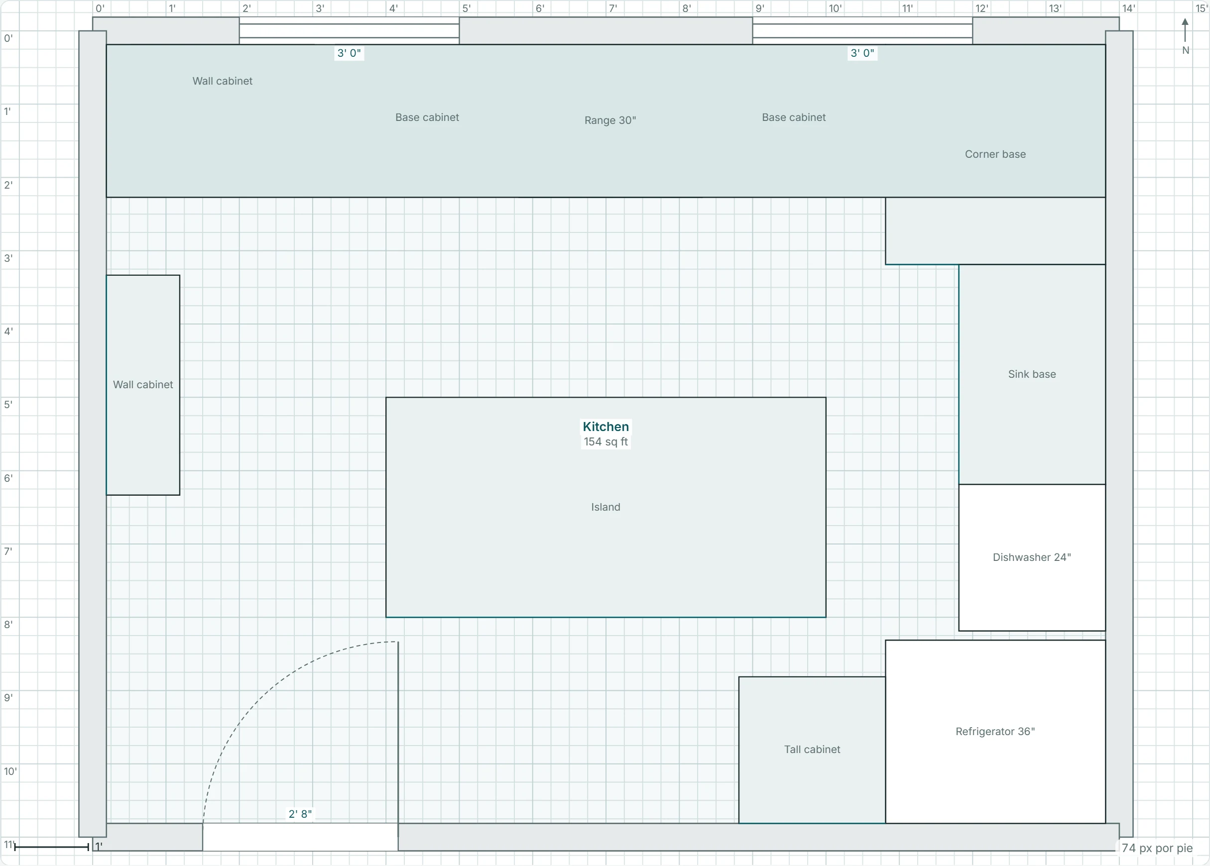 Plan Studio, plano 2D: una cocina de 14 pies por 11 pies, una puerta de 2 pies 8 pulgadas con su arco de barrido completo, dos ventanas de 3 pies, una cubierta sobre la hilera de gabinetes bajos y la estufa, el gabinete del fregadero y el lavavajillas en el muro derecho, dos gabinetes de pared, uno alto, refrigerador, una isla, y el cuarto rotulado Kitchen, 154 pies cuadrados