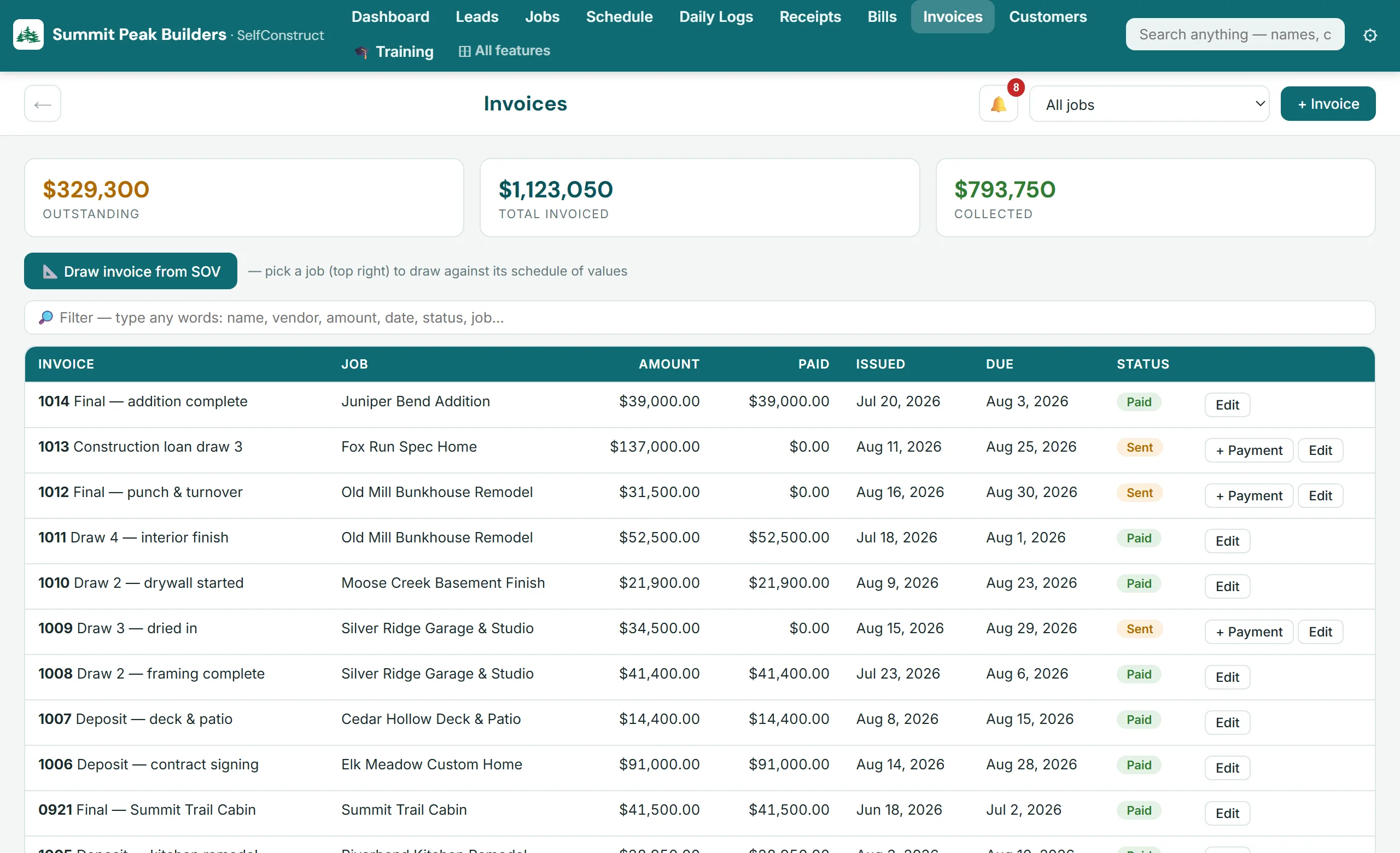 SelfConstruct invoices — outstanding, invoiced and collected totals with draw history