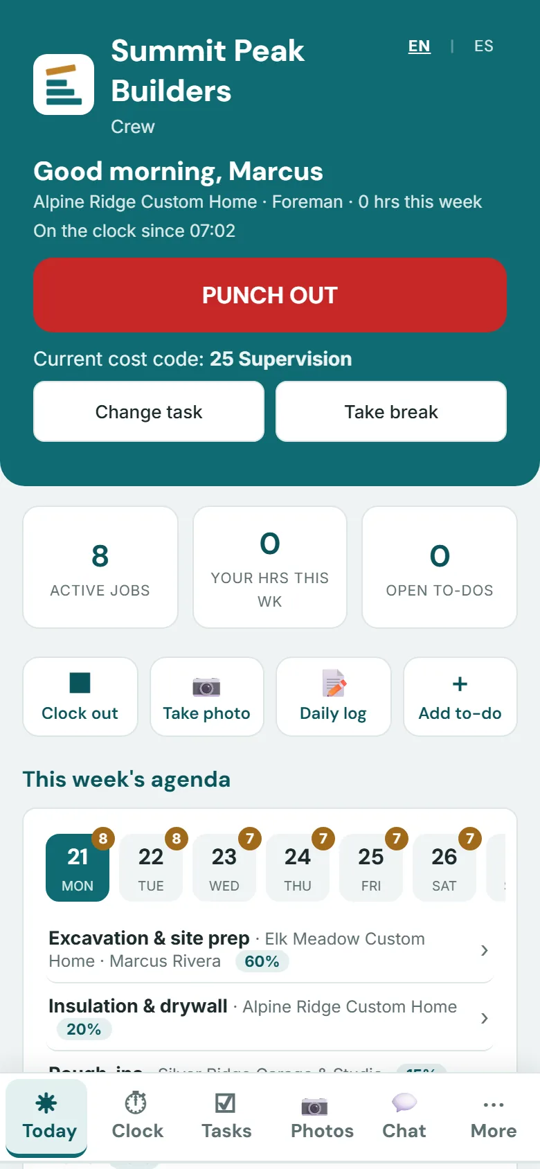 SelfConstruct crew app on a phone: clocked in with a Punch Out button, cost code, clock, photo and daily-log shortcuts, and this week's agenda