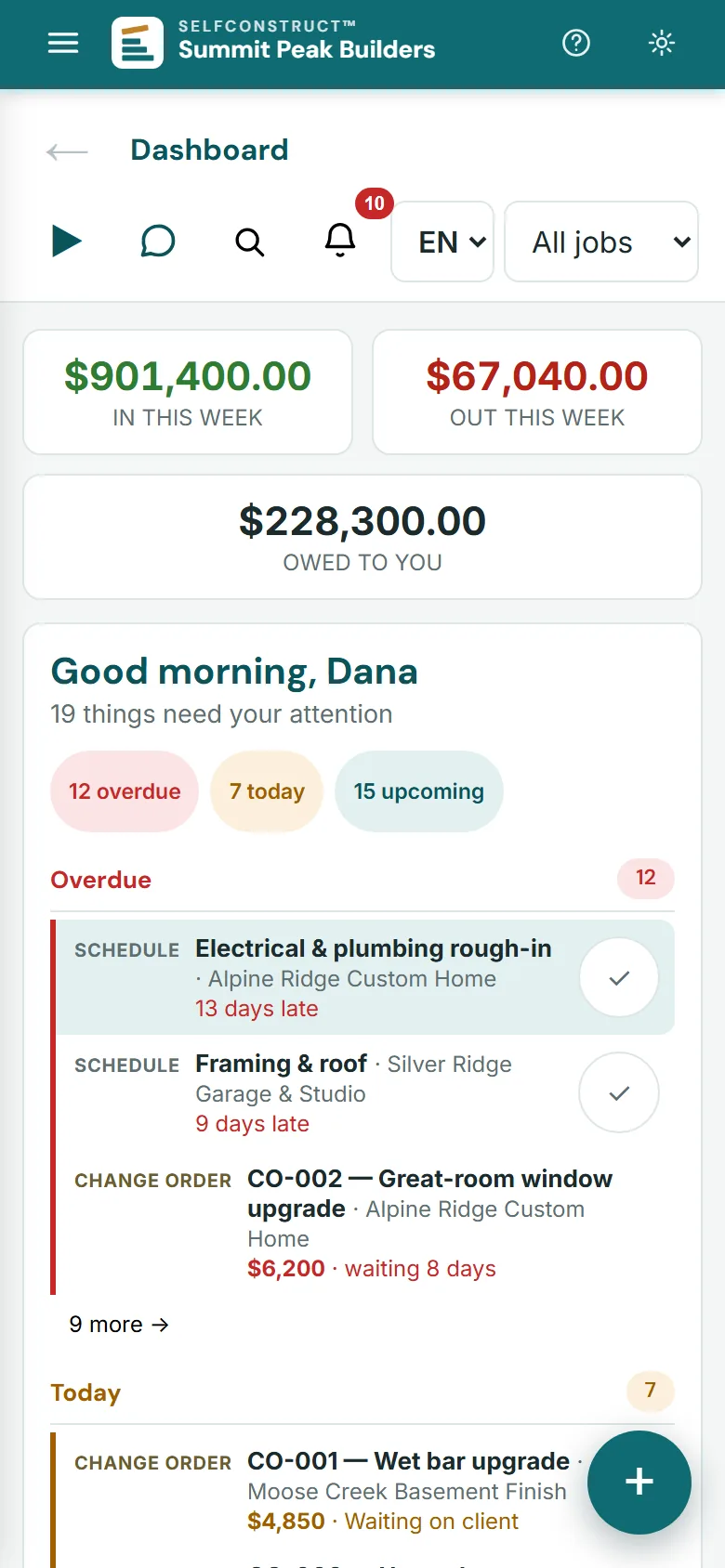 SelfConstruct office dashboard on a phone: cash in and cash out this week, what is owed to you, and the overdue and today's items
