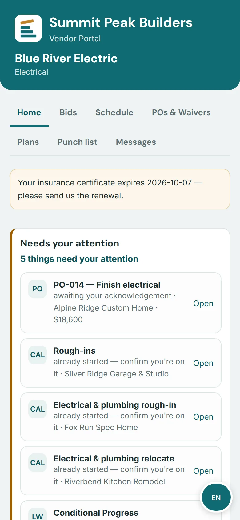 SelfConstruct sub and vendor portal on a phone: an insurance-expiry notice and a list of purchase orders and schedule items needing attention