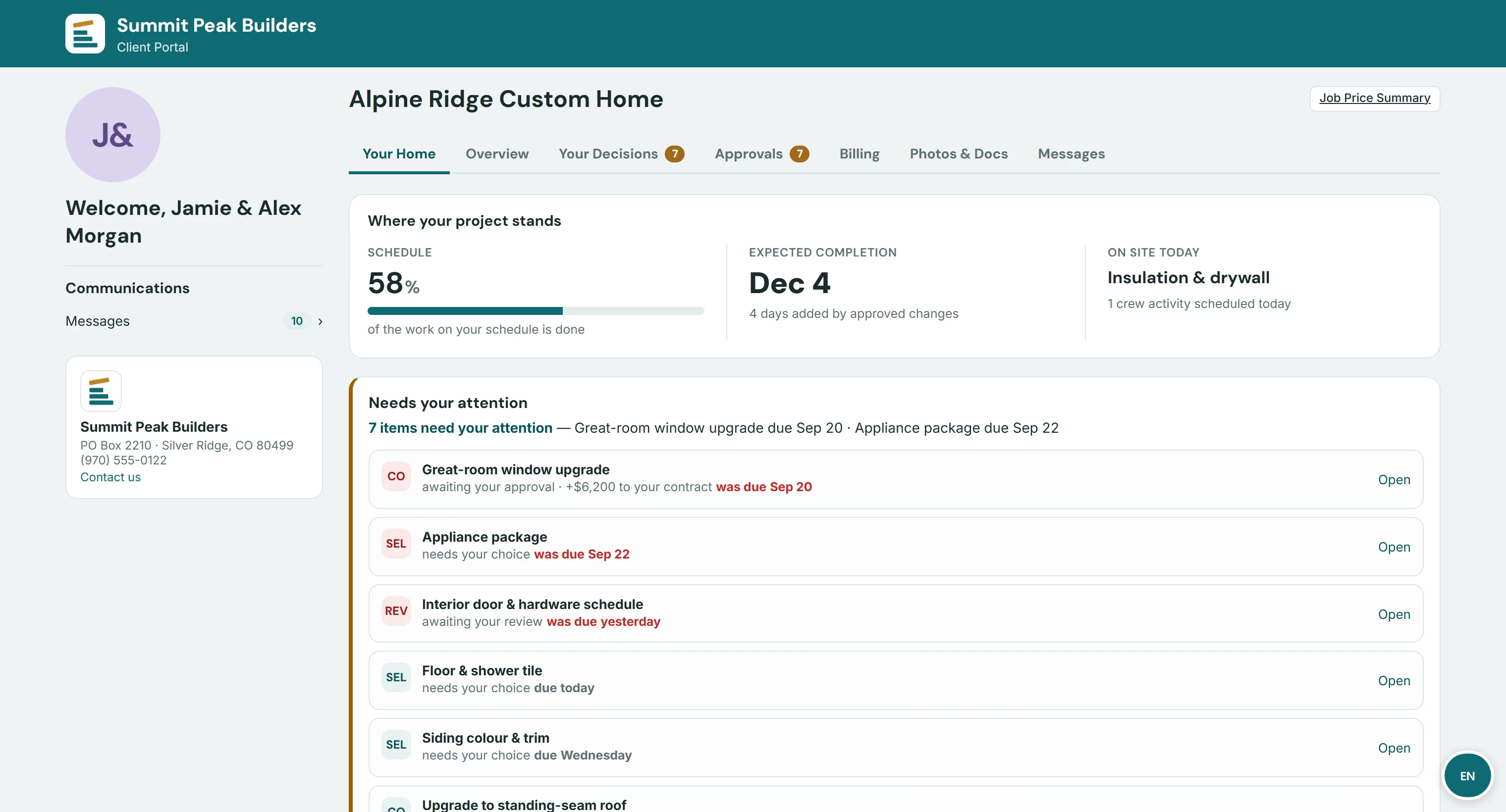 The homeowner's client portal for the demo company's Alpine Ridge Custom Home: a welcome for Jamie and Alex Morgan; where the project stands — 58% of the scheduled work done, expected completion December 4 with 4 days added by approved changes, what is on site today; and 7 items that need their attention, such as a change order awaiting their approval and selections waiting on their choice