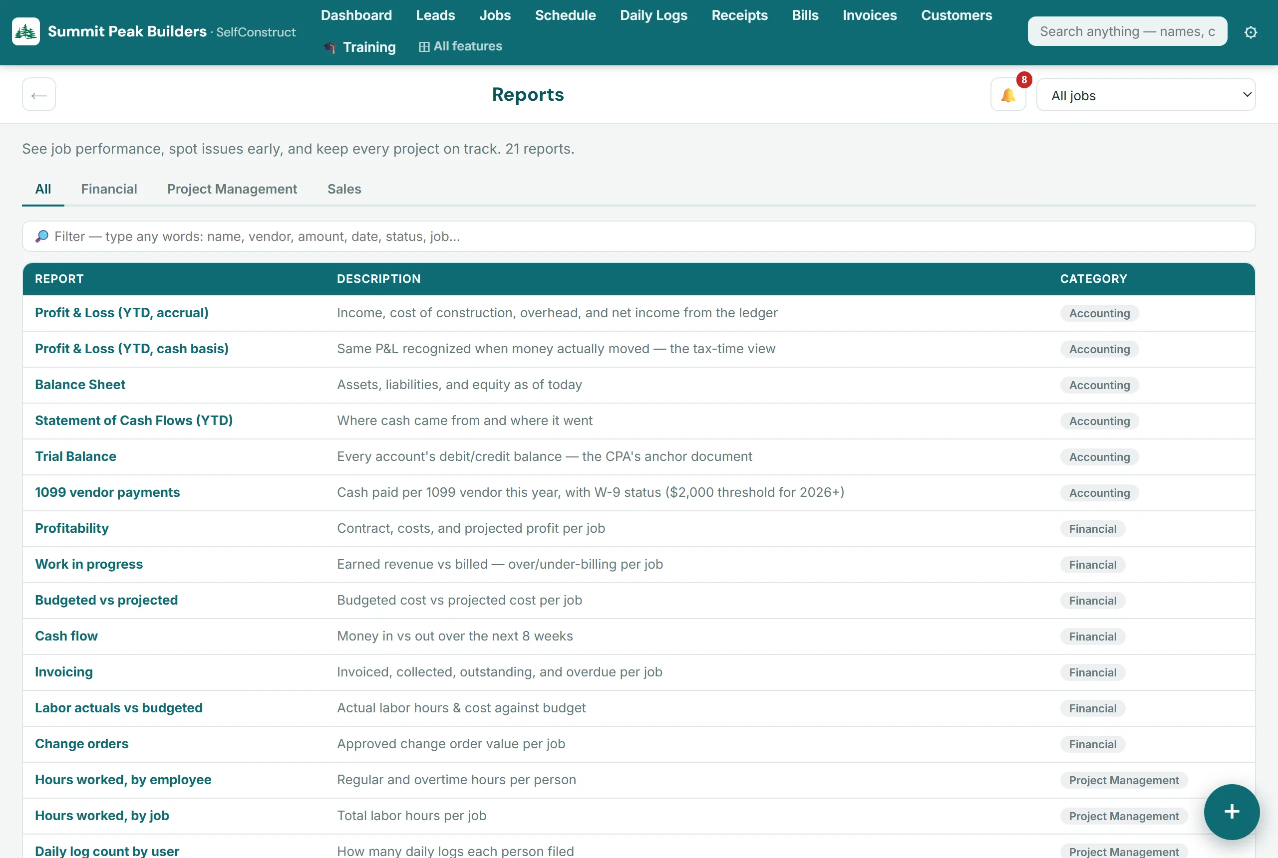 SelfConstruct reports list — P&L, balance sheet, trial balance, WIP, job costing