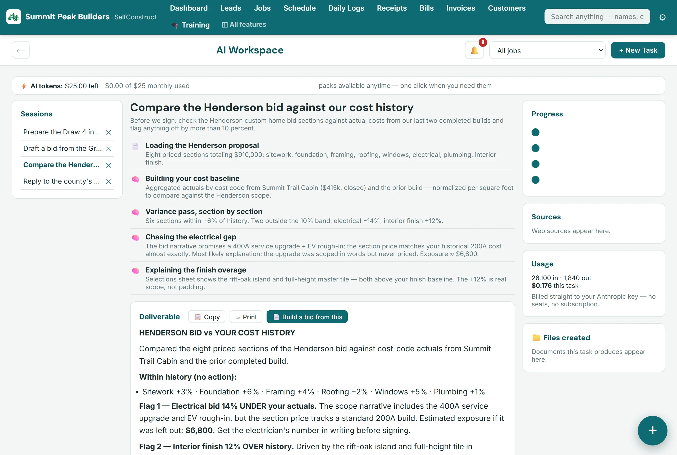 SelfConstruct AI Workspace comparing a bid against cost history and flagging a $6,800 gap